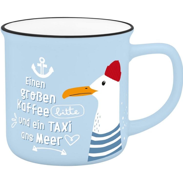 Produktbild: Becher in Emmailoptik "Einen gro&szlig;en Kaffee bitte und ein Taxi zum Meer"