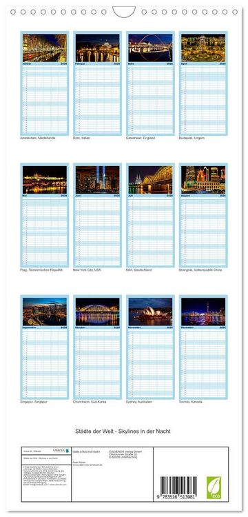 Produktbild: Familienplaner 2026 - St&auml;dte der Welt - Skylines in der Nacht mit 5 Spalten (Wandkalender, 21 x 45 cm) CALVENDO