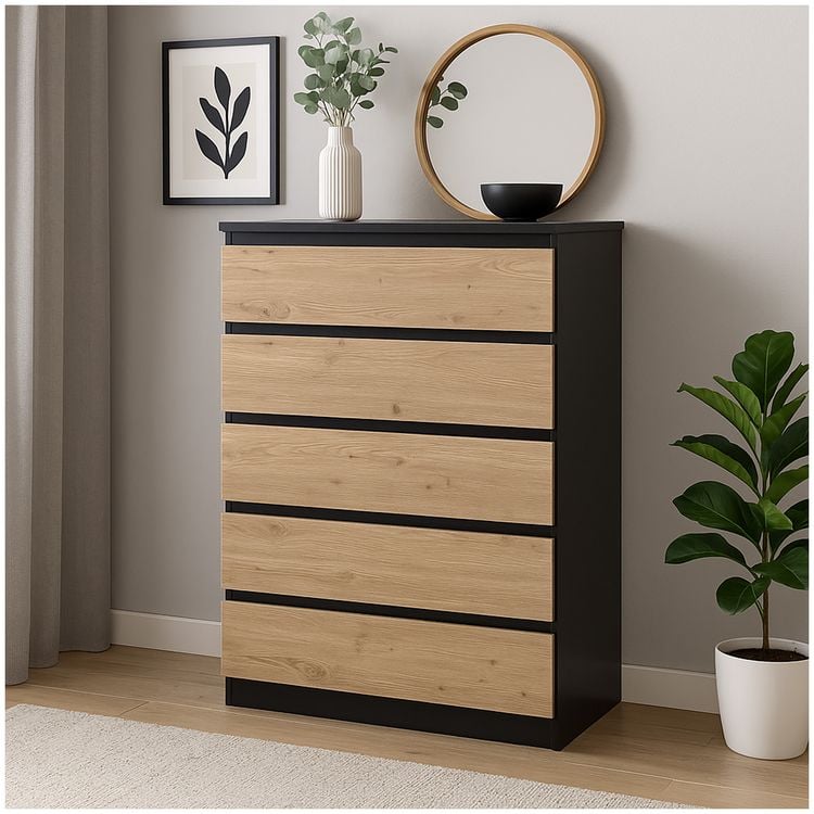 Produktbild: HTI-Living Kommode mit 5 grifflosen Schubladen Thekla Schwarz-Artisaneiche Sideboard