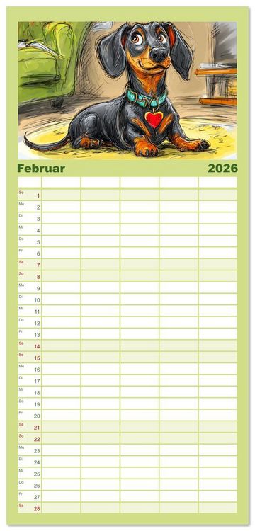 Produktbild: Familienplaner 2026 - Dackel Fun. Zauberhafte Hunde Cartoons f&uuml;rs Herz mit 5 Spalten (Wandkalender, 21 x 45 cm) CALVENDO