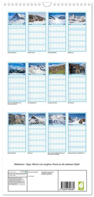 Produktbild: Familienplaner 2026 - Matterhorn - Eiger, M&ouml;nch und Jungfrau: Rund um die zeitlosen Gipfel mit 5 Spalten (Wandkalender, 21 x 45 cm) CALVENDO