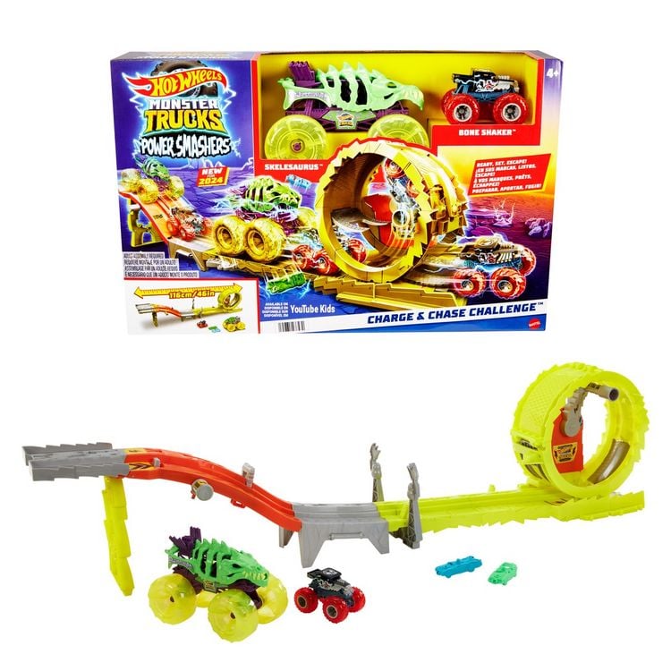 Produktbild: Hot Wheels Monster Trucks Power Smashers Race & Chase Challenge mit extragroßem Skelesaurus, Bone Shaker im Maßstab 1:64 und 2 zerdrückten Autos