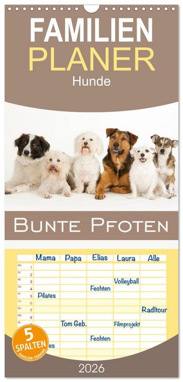 Produktbild: Familienplaner 2026 - Bunte Pfoten mit 5 Spalten (Wandkalender, 21 x 45 cm) CALVENDO