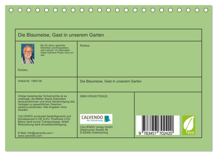 Produktbild: Die Blaumeise, Gast in unserem Garten (Tischkalender 2026 DIN A5 quer), CALVENDO Monatskalender