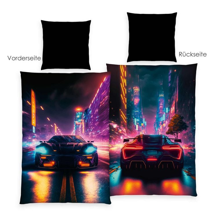 Produktbild: Young Collection 4859414050 - Neon Car Bettw&auml;sche, 80x80 cm + 135x200 cm, 100% Polyester