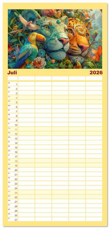 Produktbild: Familienplaner 2026 - Dschungelzauber - Kunstvolle Werke mit 5 Spalten (Wandkalender, 21 x 45 cm) CALVENDO