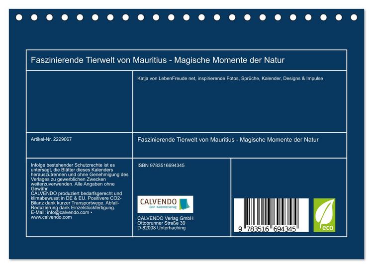 Produktbild: Faszinierende Tierwelt von Mauritius - Magische Momente der Natur (Tischkalender 2026 DIN A5 quer), CALVENDO Monatskalender