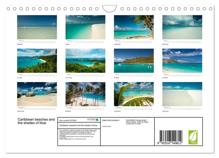 Produktbild: Caribbean beaches and the shades of blue (Wall Calendar 2026 DIN A4 landscape), CALVENDO 12 Month Wall Calendar