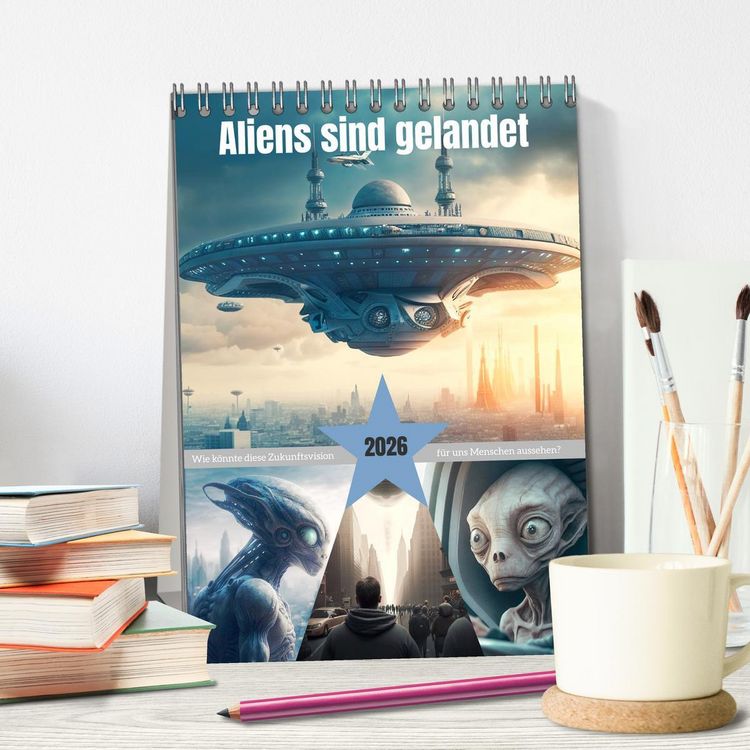 Produktbild: Aliens sind gelandet. Wie k&ouml;nnte diese Zukunftsvision f&uuml;r uns Menschen aussehen? (Tischkalender 2026 DIN A5 hoch), CALVENDO Monatskalender