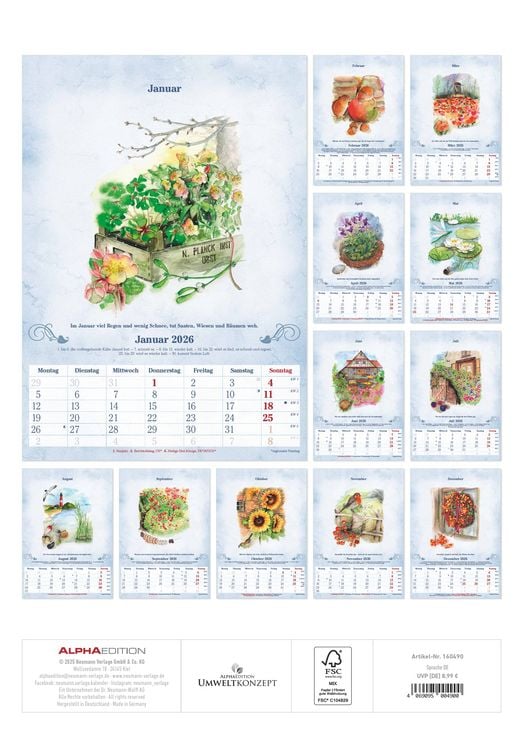 Produktbild: 100-jähriger Kalender 2026 - Bildkalender 23,7x34 cm - mit Wetterprognosen, Bauernregeln und liebevollen Illustrationen - Wandkalender - Alpha Edition