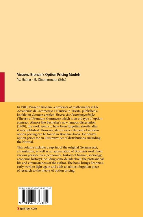 Produktbild: Vinzenz Bronzin's Option Pricing Models