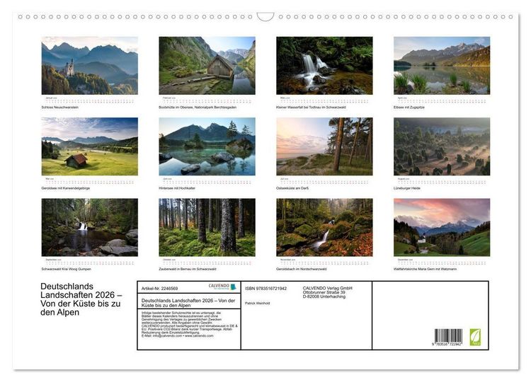 Produktbild: Deutschlands Landschaften 2026 &ndash; Von der K&uuml;ste bis zu den Alpen (Wandkalender 2026 DIN A2 quer), CALVENDO Monatskalender