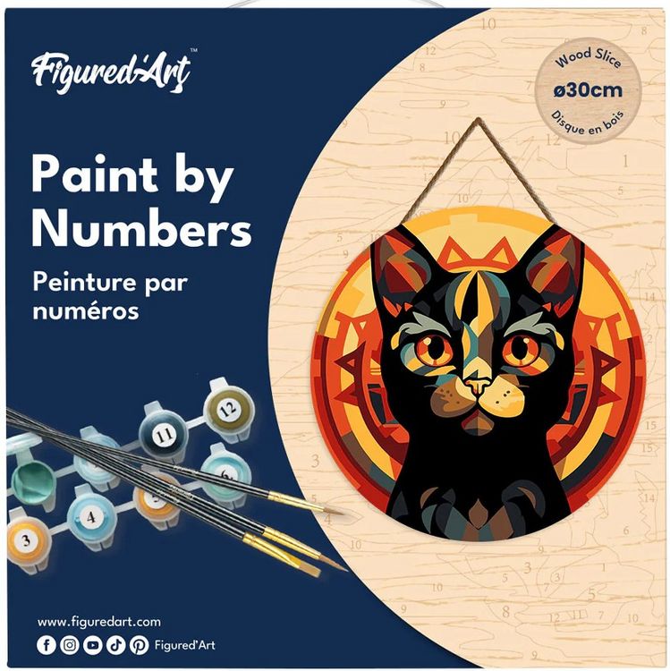 Produktbild: FiguredArt RFA032 - Malen nach Zahlen, Art-Deco-Schwarze Katze, Holzscheibe (30cm), Malset, Paint by Numbers