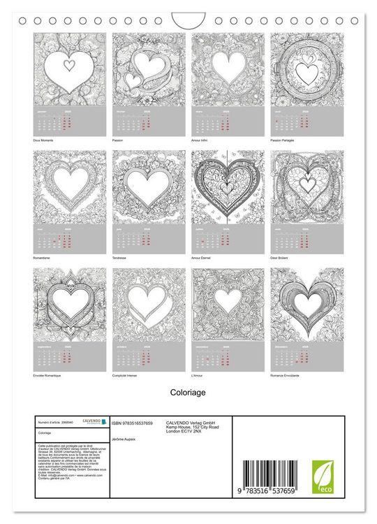 Produktbild: Coloriage (Calendrier mural 2026 DIN A4 horizontal), CALVENDO calendrier mensuel
