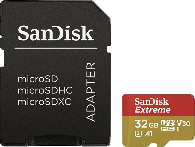 Produktbild: SanDisk Extreme&reg; Action Cam microSDHC-Karte 32 GB Class 10, UHS-I, UHS-Class 3, v30 Video Speed Class inkl. SD-Adapter, A1-Leistungsstandard
