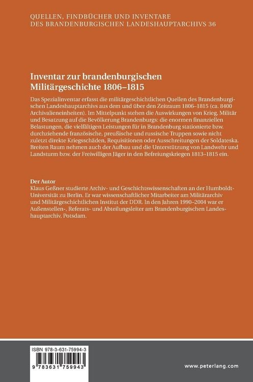 Produktbild: Inventar zur brandenburgischen Militaergeschichte 1806&ndash;1815