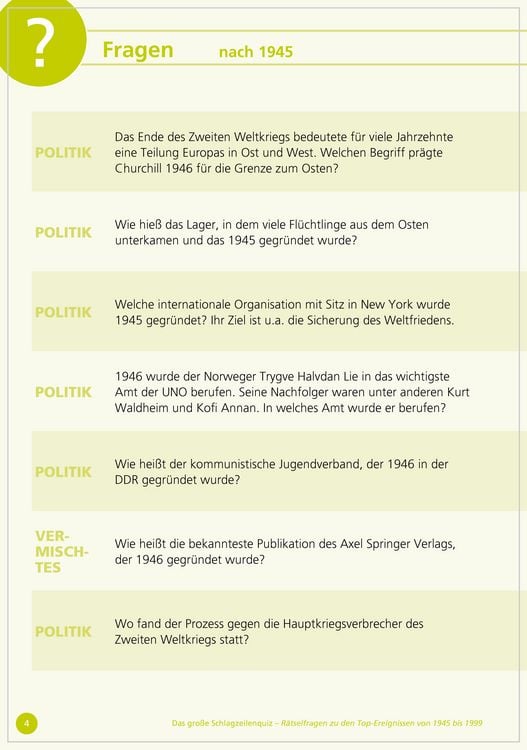 Produktbild: Das gro&szlig;e Schlagzeilen-Quiz. R&auml;tselfragen zu den Top-Ereignissen von 1950 bis 1999