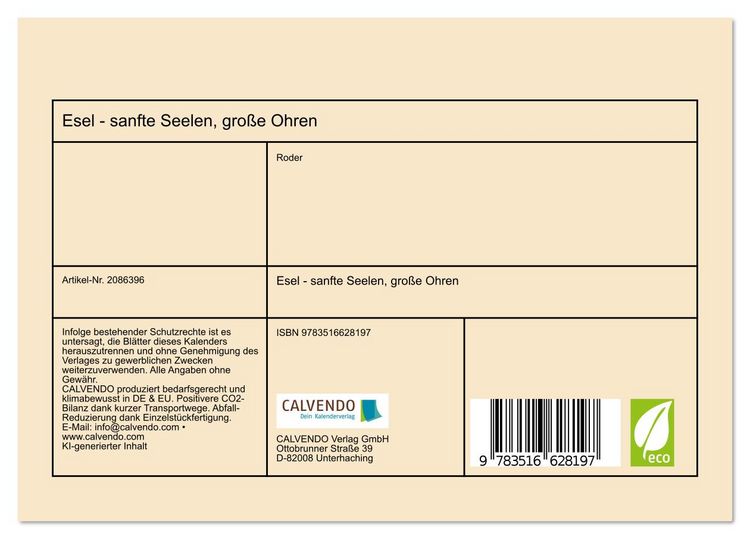 Produktbild: Esel - sanfte Seelen, gro&szlig;e Ohren (Tischkalender 2026 DIN A5 quer), CALVENDO Monatskalender