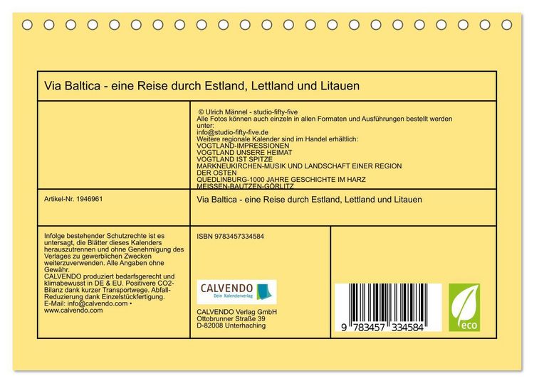 Produktbild: Via Baltica - eine Reise durch Estland, Lettland und Litauen (Tischkalender 2026 DIN A5 quer), CALVENDO Monatskalender