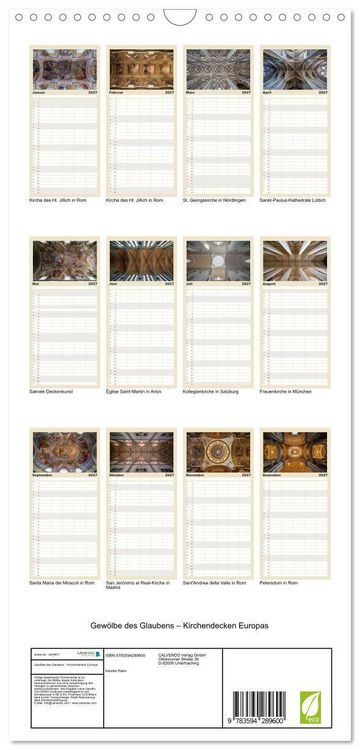 Produktbild: Familienplaner 2027 - Gew&ouml;lbe des Glaubens &ndash; Kirchendecken Europas mit 5 Spalten (Wandkalender, 21 x 45 cm) CALVENDO