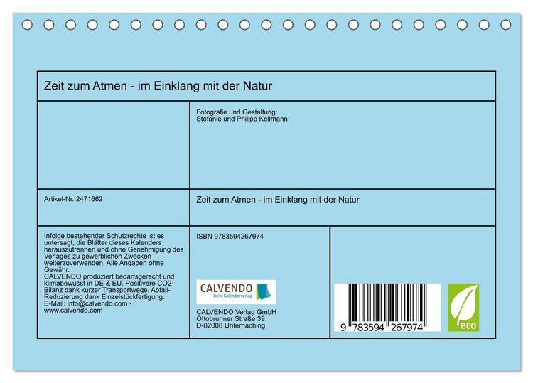 Produktbild: Zeit zum Atmen - im Einklang mit der Natur (Tischkalender 2027 DIN A5 quer), CALVENDO Monatskalender