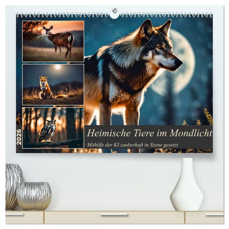 Produktbild: Heimische Tiere im Mondlicht (hochwertiger Premium Wandkalender 2026 DIN A2 quer), Kunstdruck in Hochglanz
