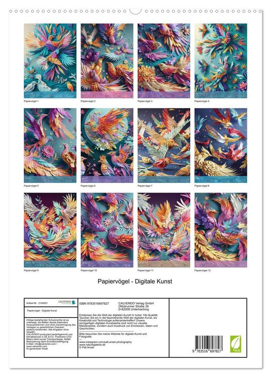 Produktbild: Papierv&ouml;gel - Digitale Kunst (hochwertiger Premium Wandkalender 2026 DIN A2 hoch), Kunstdruck in Hochglanz