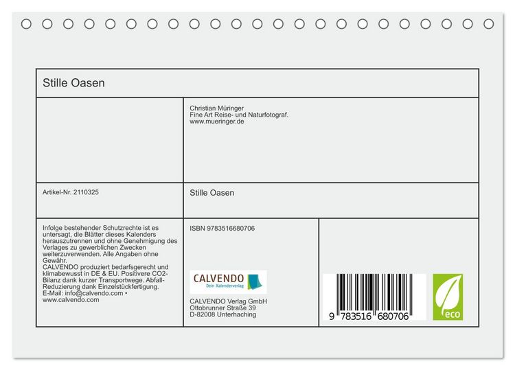 Produktbild: Stille Oasen (Tischkalender 2026 DIN A5 quer), CALVENDO Monatskalender
