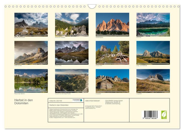 Produktbild: Herbst in den Dolomiten (Wandkalender 2026 DIN A3 quer), CALVENDO Monatskalender