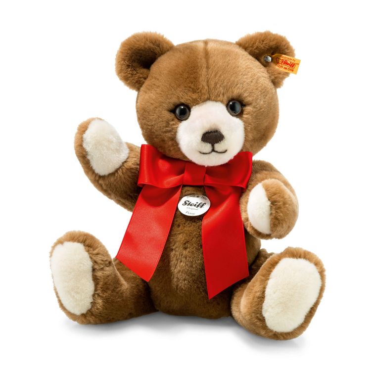 Produktbild: Steiff 12402 - Petsy Teddyb&auml;r, mit roter Schleife, Pl&uuml;sch, caramel, 28 cm
