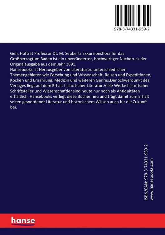 Produktbild: Geh. Hoftrat Professor Dt. M. Seuberts Exkursionsflora f&uuml;r das Gro&szlig;herzogtum Baden