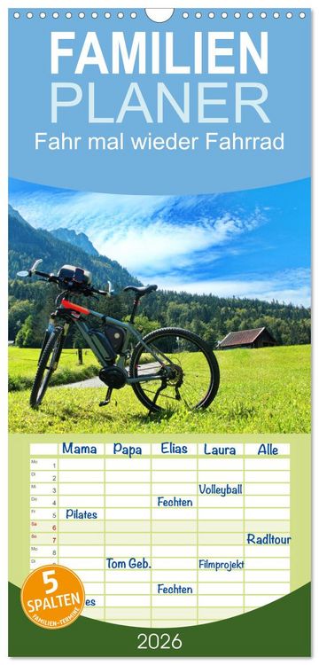 Produktbild: Familienplaner 2026 - Fahr mal wieder Fahrrad mit 5 Spalten (Wandkalender, 21 x 45 cm) CALVENDO
