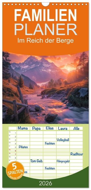 Produktbild: Familienplaner 2026 - Im Reich der Berge mit 5 Spalten (Wandkalender, 21 x 45 cm) CALVENDO