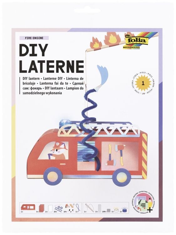 Produktbild: FOLIA Bastelartikel DIY Laterne Fuererwehr Auto (FIRE ENGINE) inkl. 1 LED-Licht, 1 LED Blaulicht und Batterien