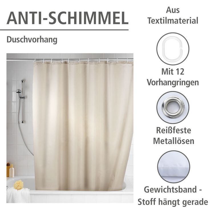 Produktbild: Anti-Schimmel Duschvorhang Uni Beige, 180 x 200 cm, Textil (Polyester), waschbar