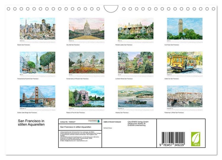 Produktbild: San Francisco in stillen Aquarellen (Wandkalender 2026 DIN A4 quer), CALVENDO Monatskalender