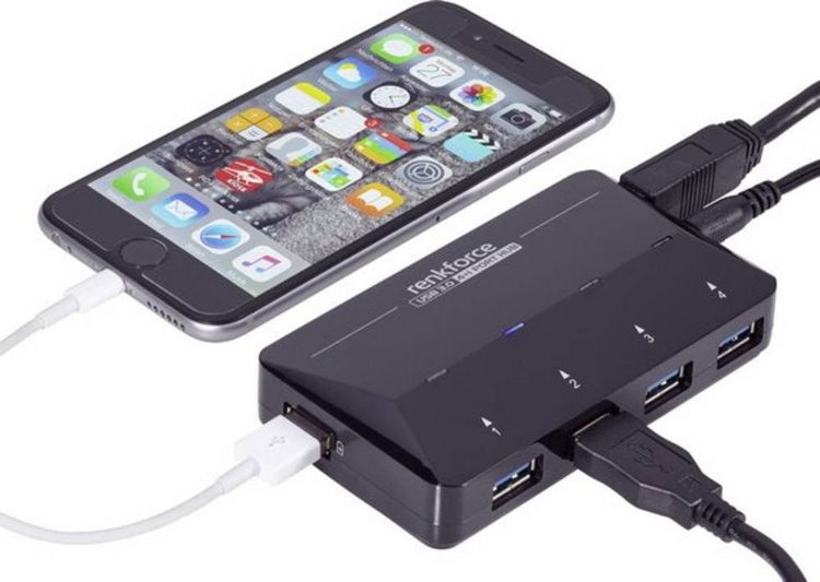 Produktbild: Renkforce RF-3806031 USB-Hub 4 Port USB-A USB 3.0 5 GBit/s mit Schnellladeport, mit Status-LEDs Schwarz