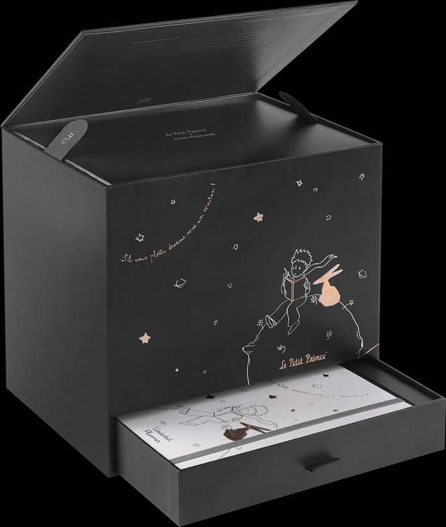 Produktbild: Moleskine der kleine Prinz Sammlerbox, liniertes Notizbuch L/A5 schwarz, undatierter 12-Monats-Notizkalender L/A5 fester Einband grau