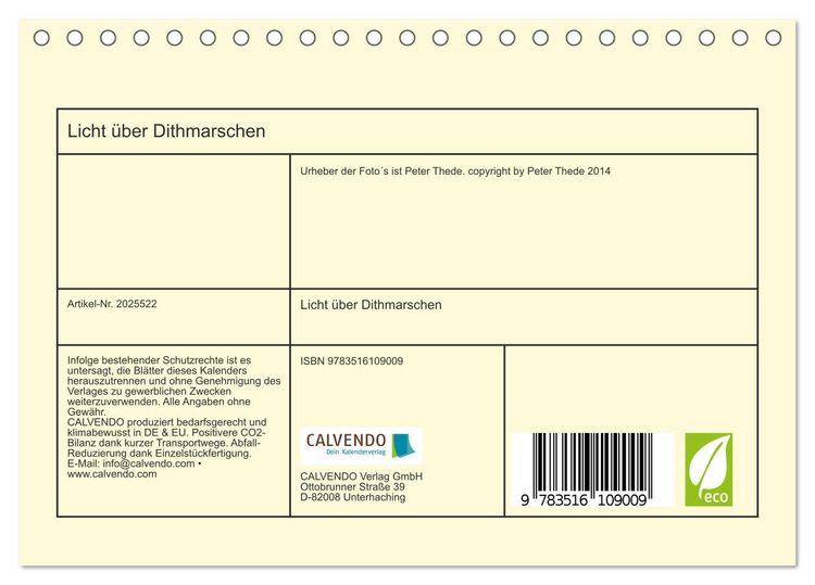 Produktbild: Licht &uuml;ber Dithmarschen (Tischkalender 2026 DIN A5 quer), CALVENDO Monatskalender
