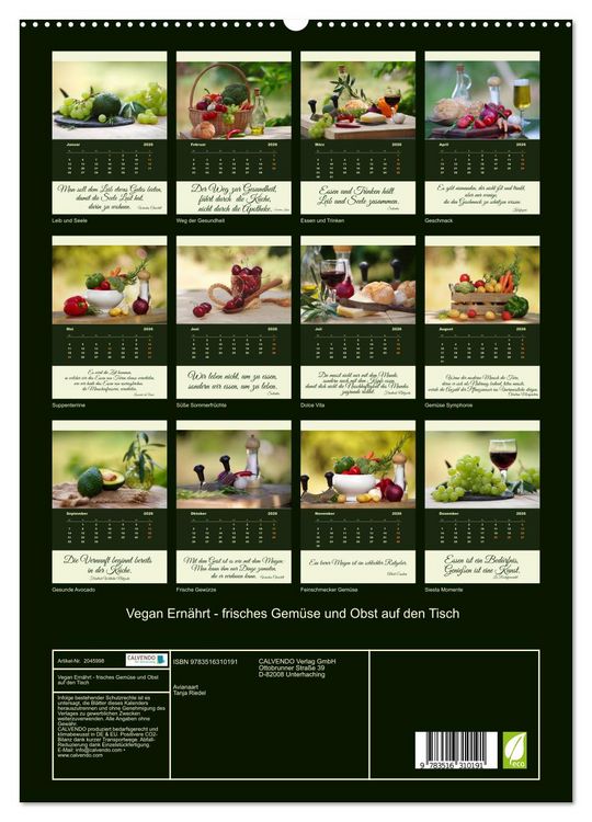 Produktbild: Vegan Ern&auml;hrt - frisches Gem&uuml;se und Obst auf den Tisch (hochwertiger Premium Wandkalender 2026 DIN A2 hoch), Kunstdruck in Hochglanz