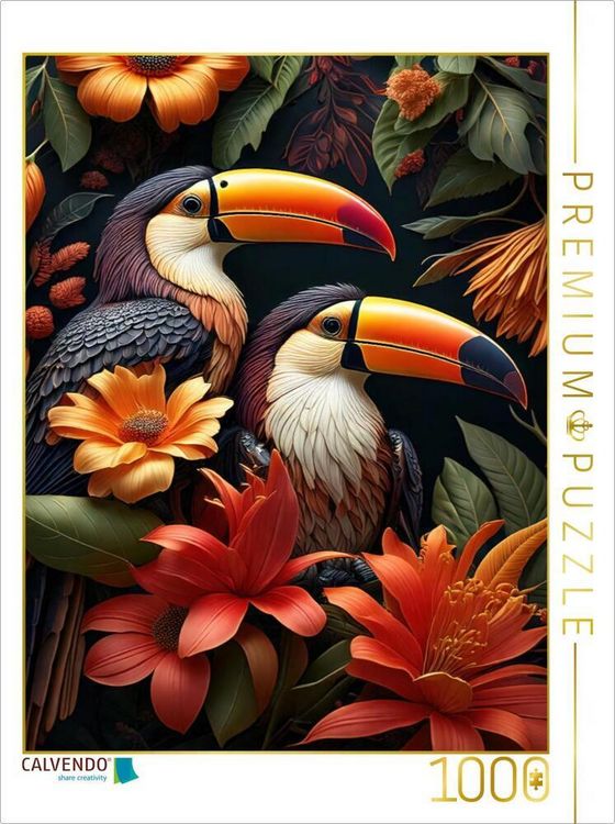 Produktbild: CALVENDO Puzzle Zwei Tukane mit leuchtenden Schn&auml;beln zwischen orangefarbenen Bl&uuml;ten | 1000 Teile Lege-Gr&ouml;&szlig;e 64x48cm Foto-Puzzle f&uuml;r gl&uuml;ckliche Stunde