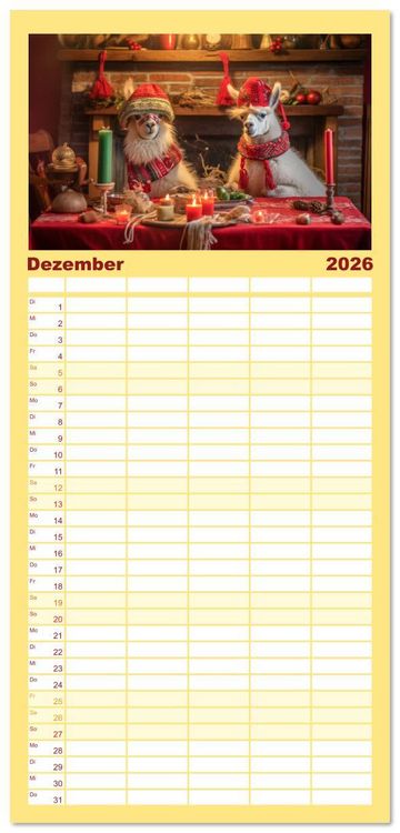 Produktbild: Familienplaner 2026 - Die Welt der Alpakas mit 5 Spalten (Wandkalender, 21 x 45 cm) CALVENDO