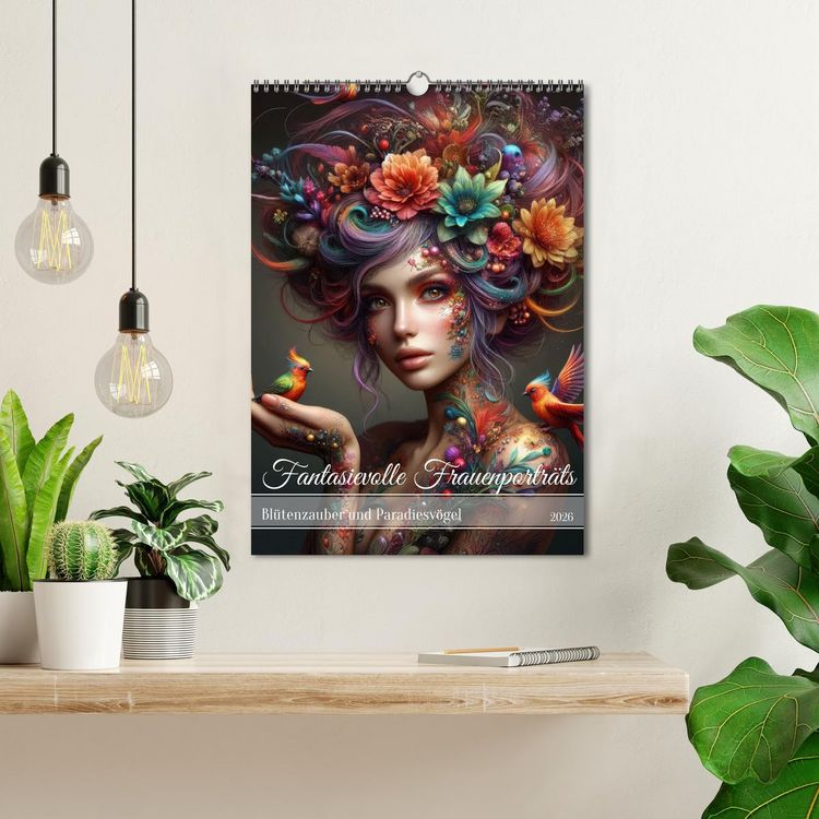 Produktbild: Fantasievolle Frauenportr&auml;ts - Bl&uuml;tenzauber und Paradiesv&ouml;gel (Wandkalender 2026 DIN A3 hoch), CALVENDO Monatskalender
