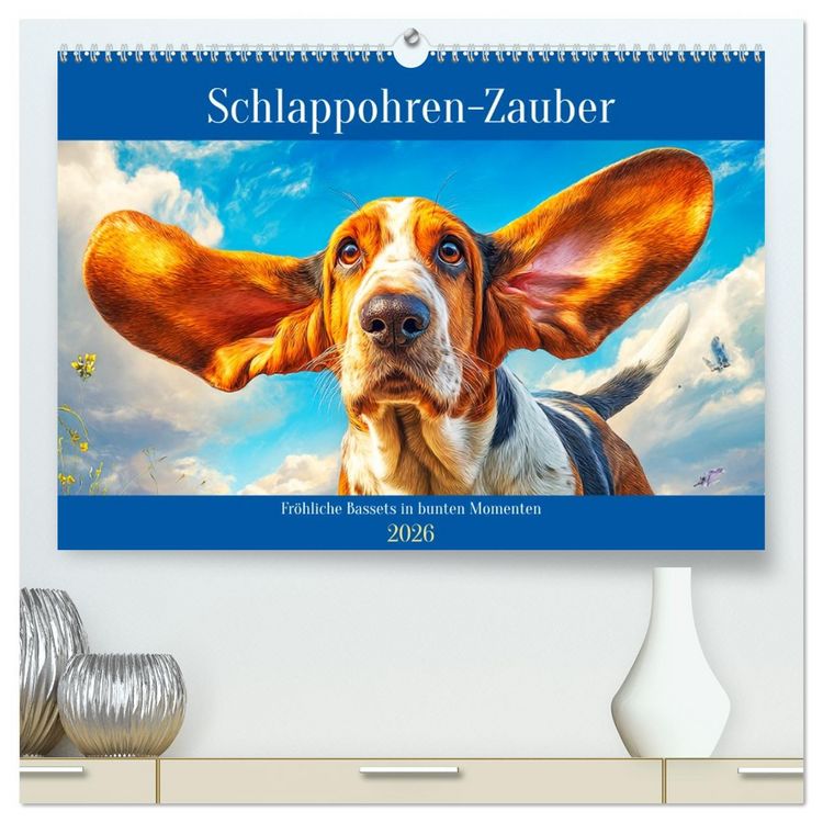 Produktbild: Schlappohren-Zauber. Fr&ouml;hliche Bassets in bunten Momenten (hochwertiger Premium Wandkalender 2026 DIN A2 quer), Kunstdruck in Hochglanz