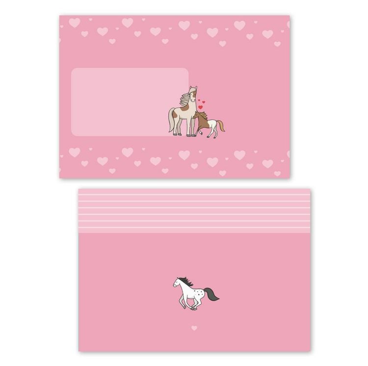 Produktbild: Liniertes Briefpapier-Set f&uuml;r Kinder: Pferde, Ponys (rosa mit Herzen, M&auml;dchen)