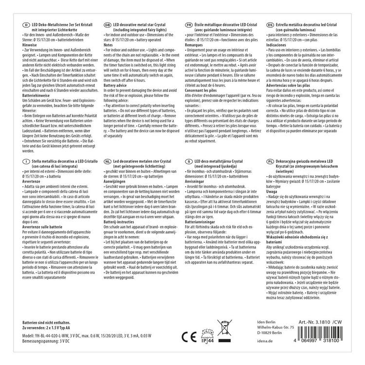 Produktbild: Idena Kristallsterne mit LED warmwei&szlig; Metall &Oslash;15, 17, 20cm 3 St&uuml;ck