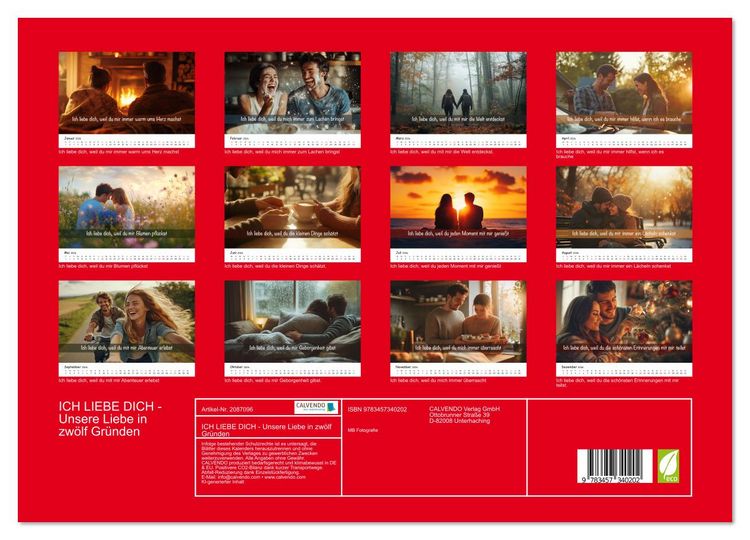 Produktbild: ICH LIEBE DICH - Unsere Liebe in zw&ouml;lf Gr&uuml;nden (hochwertiger Premium Wandkalender 2026 DIN A2 quer), Kunstdruck in Hochglanz