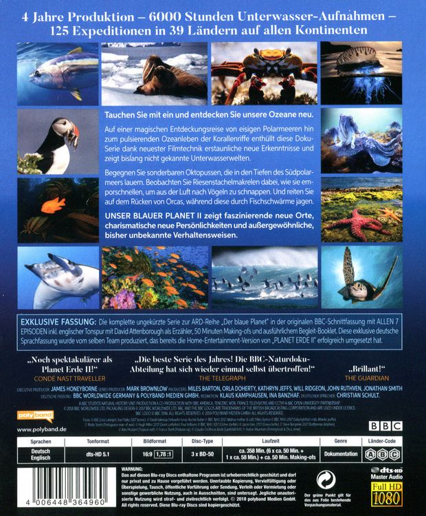 Produktbild: UNSER BLAUER PLANET II - Die komplette ungeschnittene Serie zur ARD-Reihe "Der blaue Planet" [3 BRs]