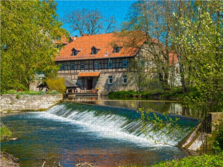 Produktbild: CALVENDO Puzzle Wasserm&uuml;hle und Wehr an der Ilm, &auml;lteste M&uuml;hle in Th&uuml;ringen, Taubach bei Weimar | 1000 Teile Lege-Gr&ouml;&szlig;e 64x48cm Foto-Puzzle f&uuml;r gl&uuml;ckl