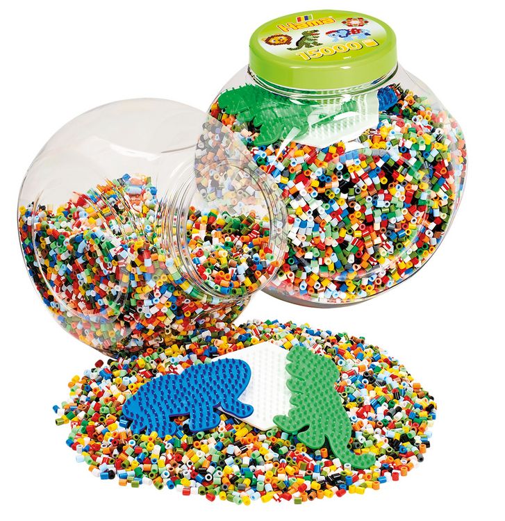 Produktbild: HAMA Dose pink mit 3 Platten (kleines Sechseck , kleiner Elefant und Dinosaurier) und 15.000 Perlen